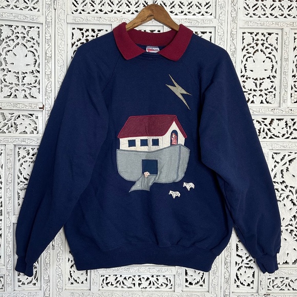 Vintage Hanes Noahs Arc Religious Animal Navy Blue Collared Sweatshirt Sz XL - Picture 1 of 8
